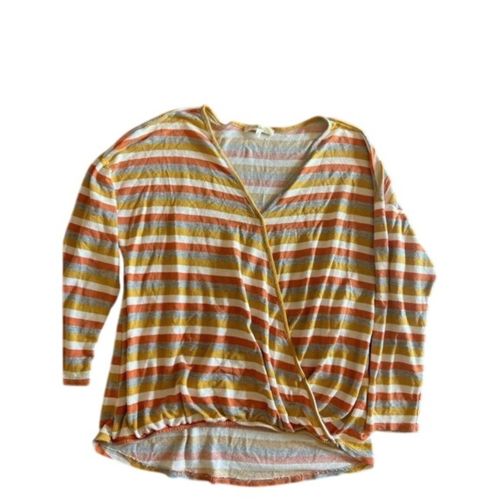 Andree by UNIT Women's Striped Faux‎ Wrap Long Sleeve Top Mustard Orange Grey